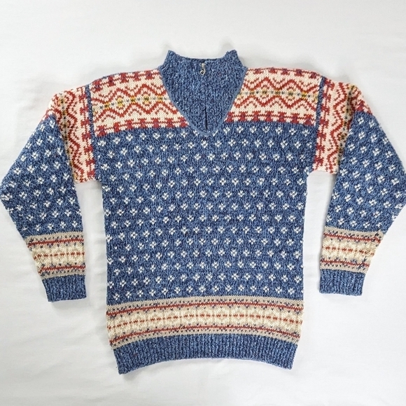 VTG Chunky Knit Fair Isle Wool Blend Blue Cream Red High Neck Sweater - Picture 1 of 6